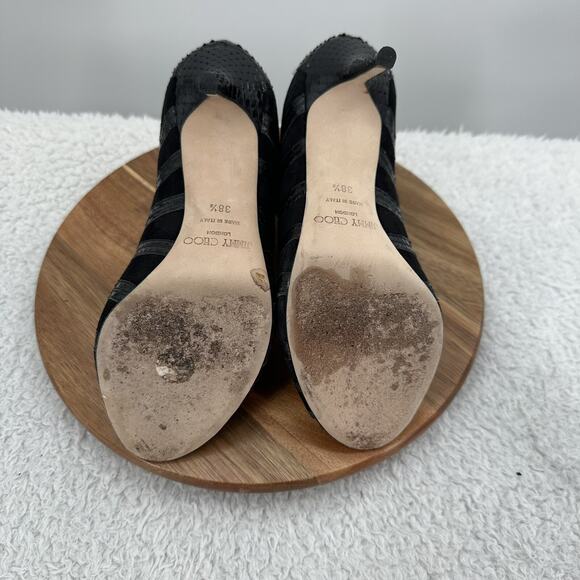 Jimmy Choo Heel Womens 8.5 Black Leather Lace up Peep Toe Snake Skin Gladiator - Picture 6 of 10